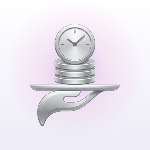 KellnerApp-Symbol: eine Uhr auf Münzen, getragen auf einem Tablett
